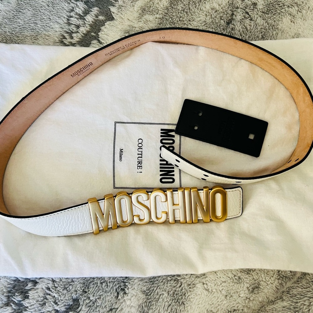 Moschino Gold Lettering White Belt